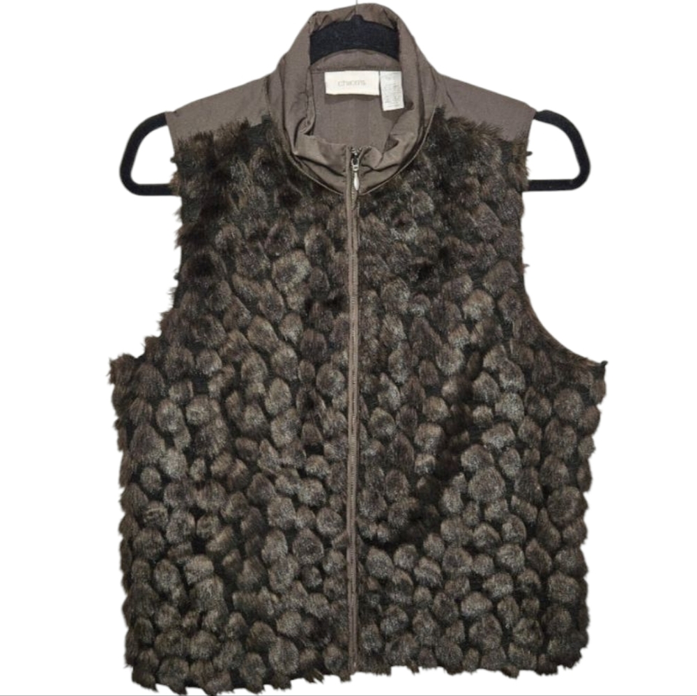 Chico's Size 1 Faux Fur Vest in Brown Green Sleeveless Zip Front Small / Medium
